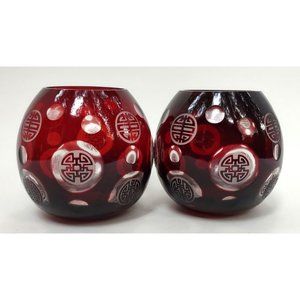 Candle Holder Vases Cut To Clear Glass 2  Red Chinese Symbols  3.75 Inches